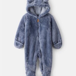 Cozy Gray Fleece Baby One Piece Hooded Jumpsuit, Size 3 Months